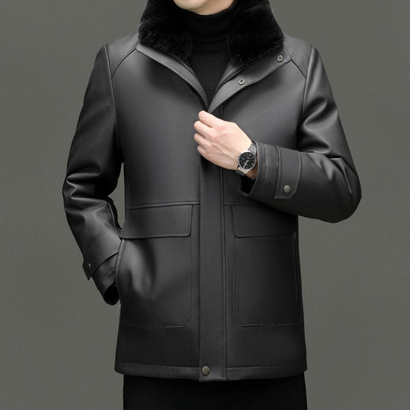 Men's Detachable Mink Cashmere Lining Lapel Leather Jacket view 2