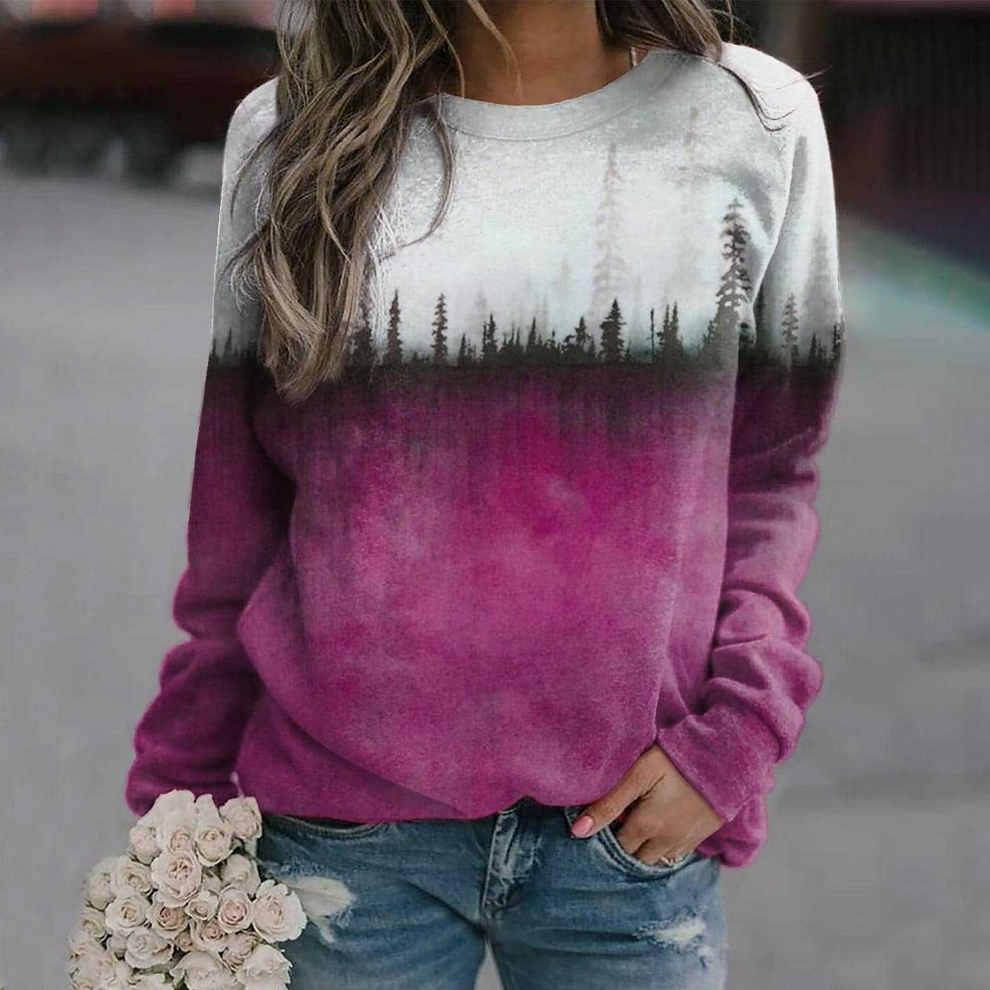 Casual Women's Pine Printed Crew Neck Sweatshirt view 10
