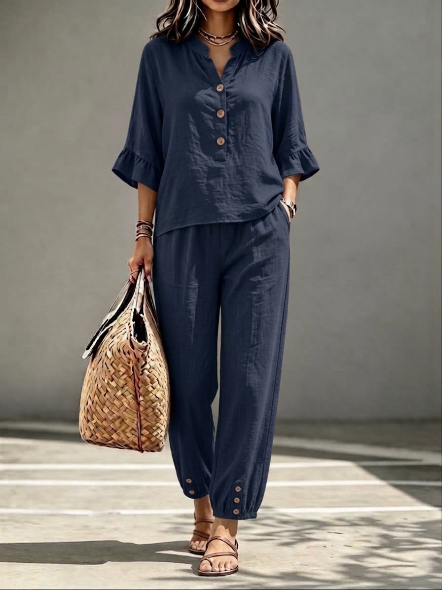 2pcs Set Women's Casual V-neck Collar Button Top Three-quarter-sleeve Top And Cropped Wide Leg Trousers Set Retro Female Office Suit view 5