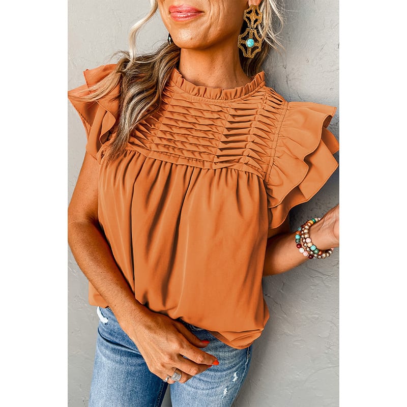 Fashion Pleated Stand Collar Pullover Leisure Pure Color Ruffles Three Quarter Sleeve view 6