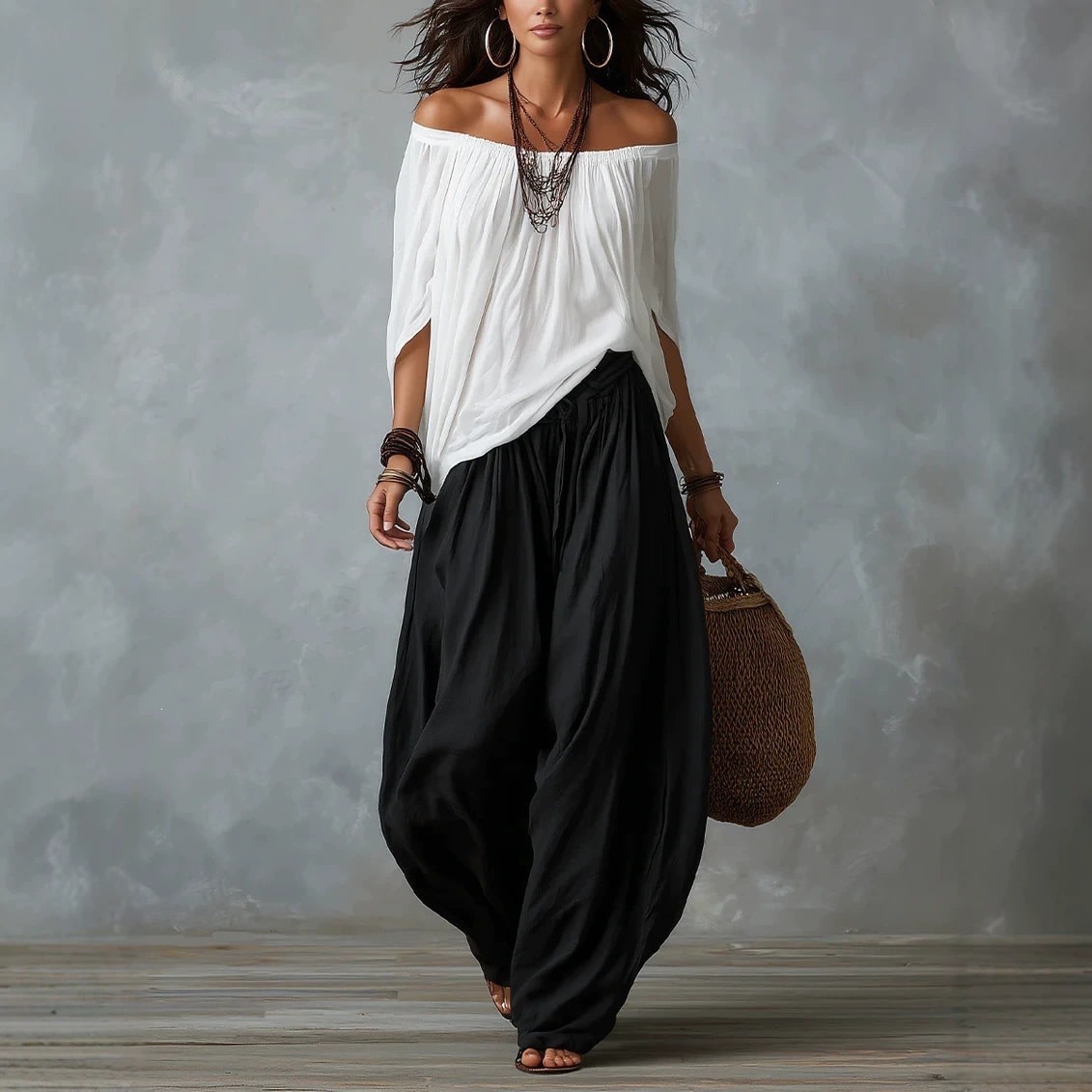 Women's Off-Shoulder Suit Long Sleeve Top And Flare Leg Pants Set - Loose Fit Casual Two Piece Outfit view 5