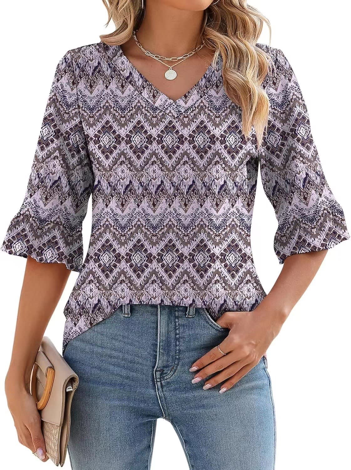 Women's Printed Hollow Ruffle Sleeve Casual Short-sleeved Top view 2