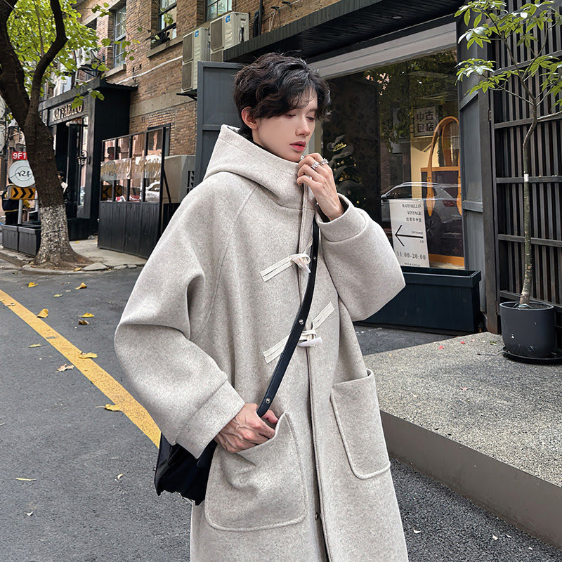High-grade Woolen Horn Button Hooded Coat Mid-length view 6