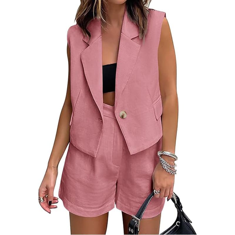 Leisure Commute Button Sleeveless Midriff-baring Vest Coat High Waist Shorts Two-piece Set view 8