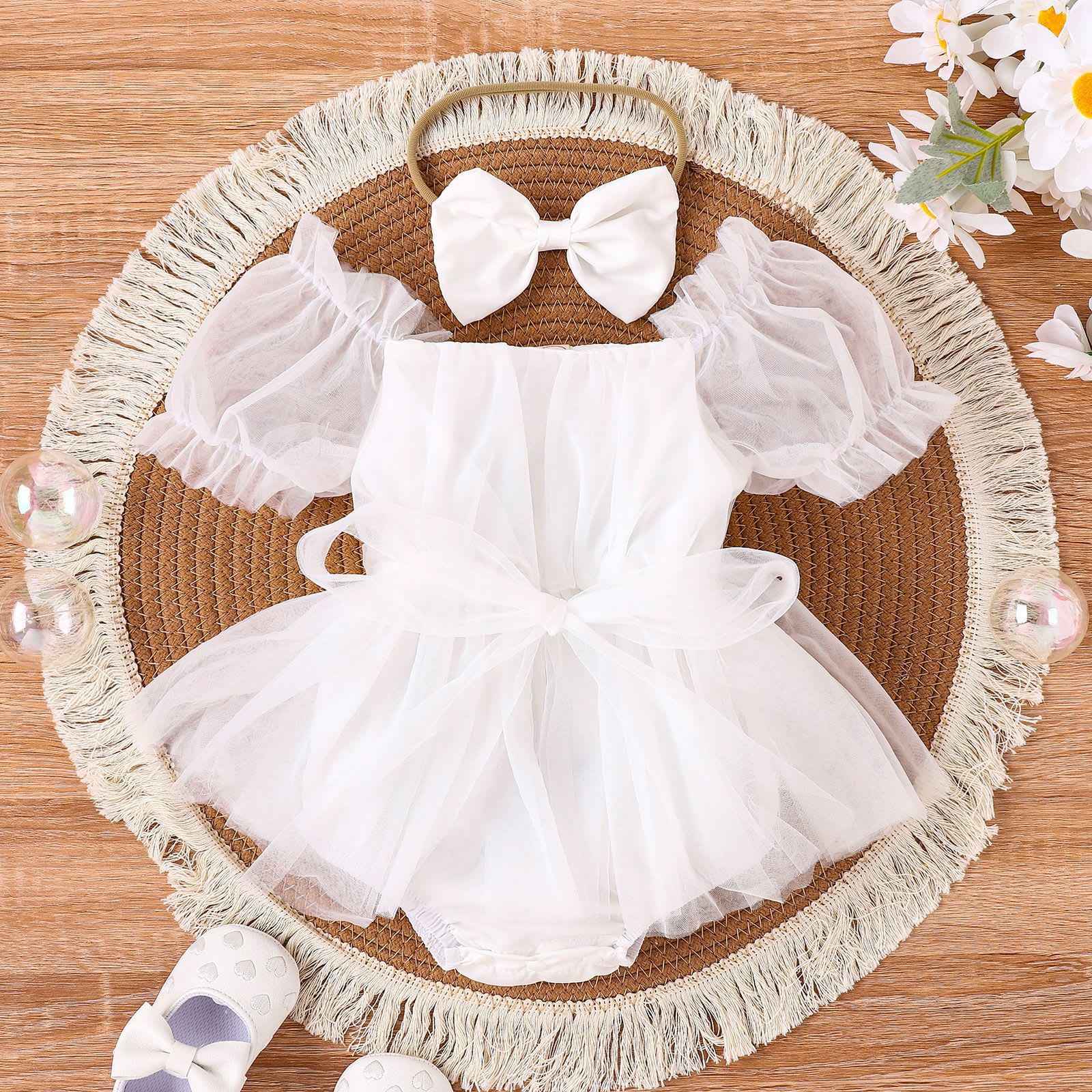 Baby Girl Solid Color Puff Sleeve Net Skirt Head Scarf Vest