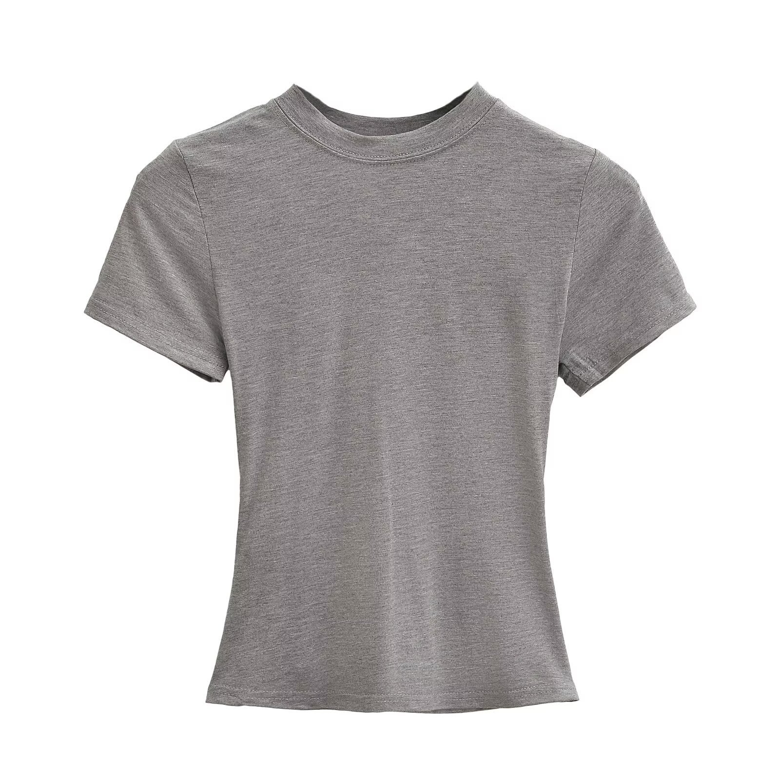 Solid Color Small Round Neck Elastic Shoulder Short Sleeve T-shirt Basic Style Waist-tight view 7