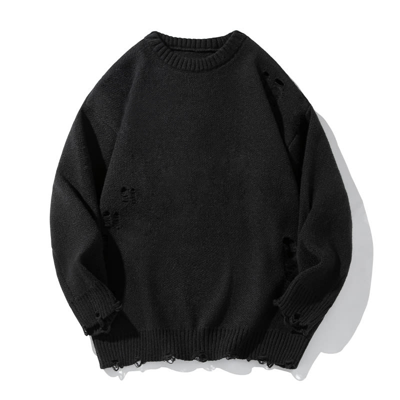Retro Hollow-out Ripped Design Round Neck Sweater view 3
