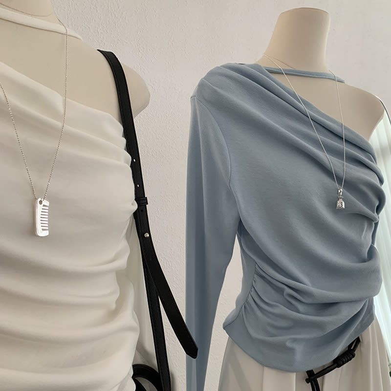Shoulder Collar Solid Color Slim Fit Slimming Long Sleeves Inner Bottoming T-shirt view 3
