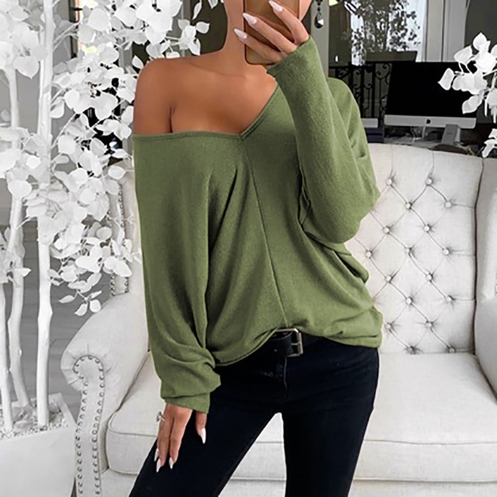 V-neck Lapsed Sleeves Loose Long-sleeved Top T-shirt For Women view 9