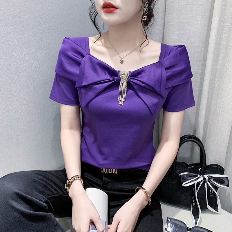 Women's Design Sense Three-dimensional Bow Waist Slimming Temperament Wild Short Sleeve view 2