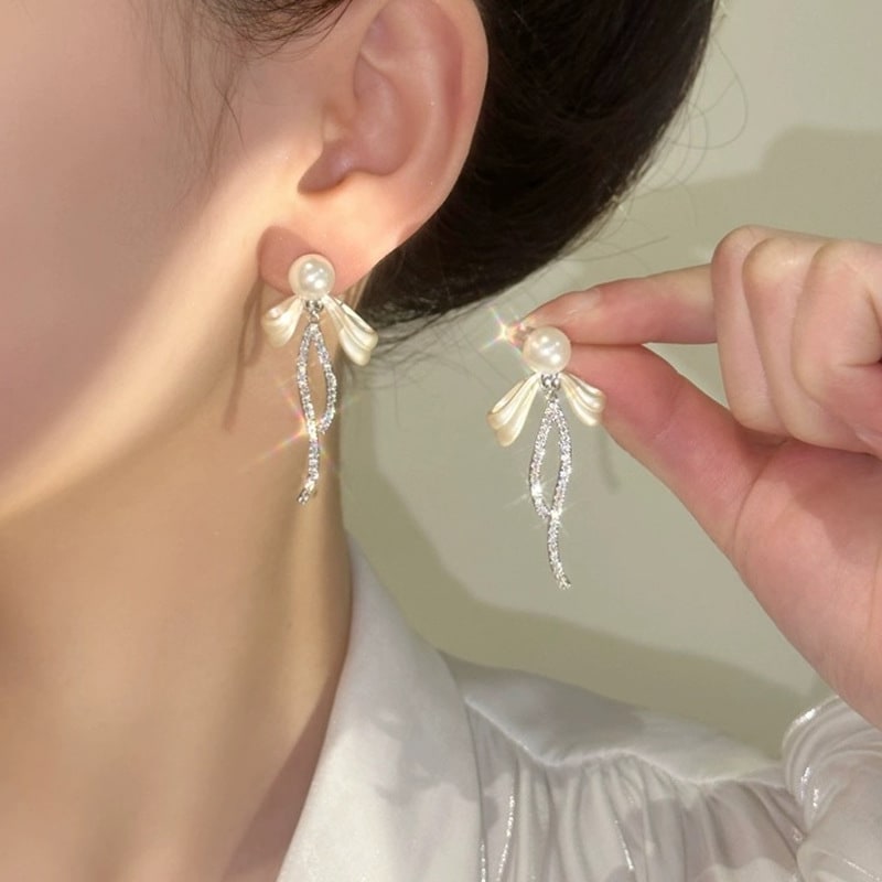 Navy Blue Tassel Long Bow Tie Female Stud Earrings view 4
