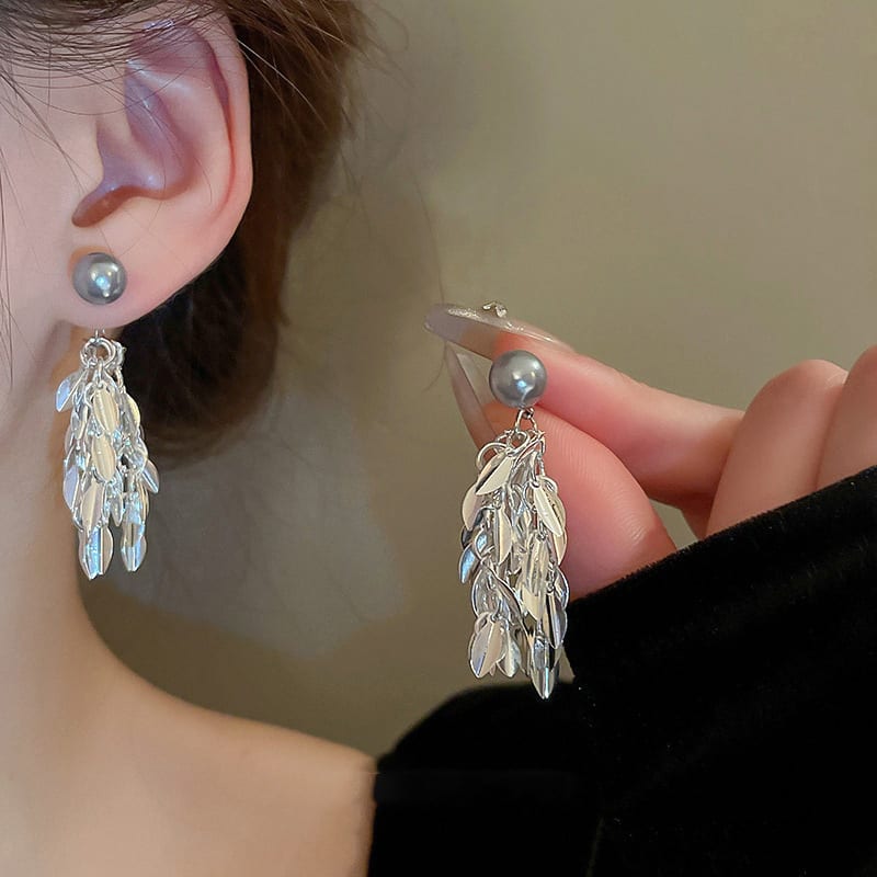 Sparkling Gray Pearl Tassel Earrings view 3