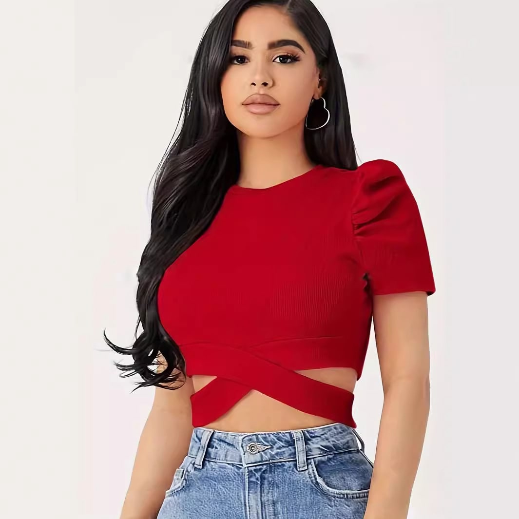 Solid Color Rib Fabric Slim Elastic Thread Round Neck Puff Short Sleeve view 6