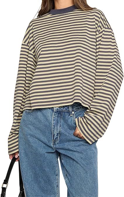 Casual Loose All-match Retro Contrast Color Striped Long-sleeved Top view 8