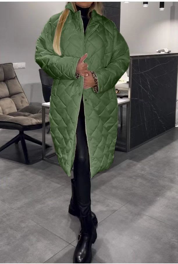 Winter Rhombus Stitching Coat Warm Solid Color Pocket Lapel Long Jacket Women's Clothing view 6