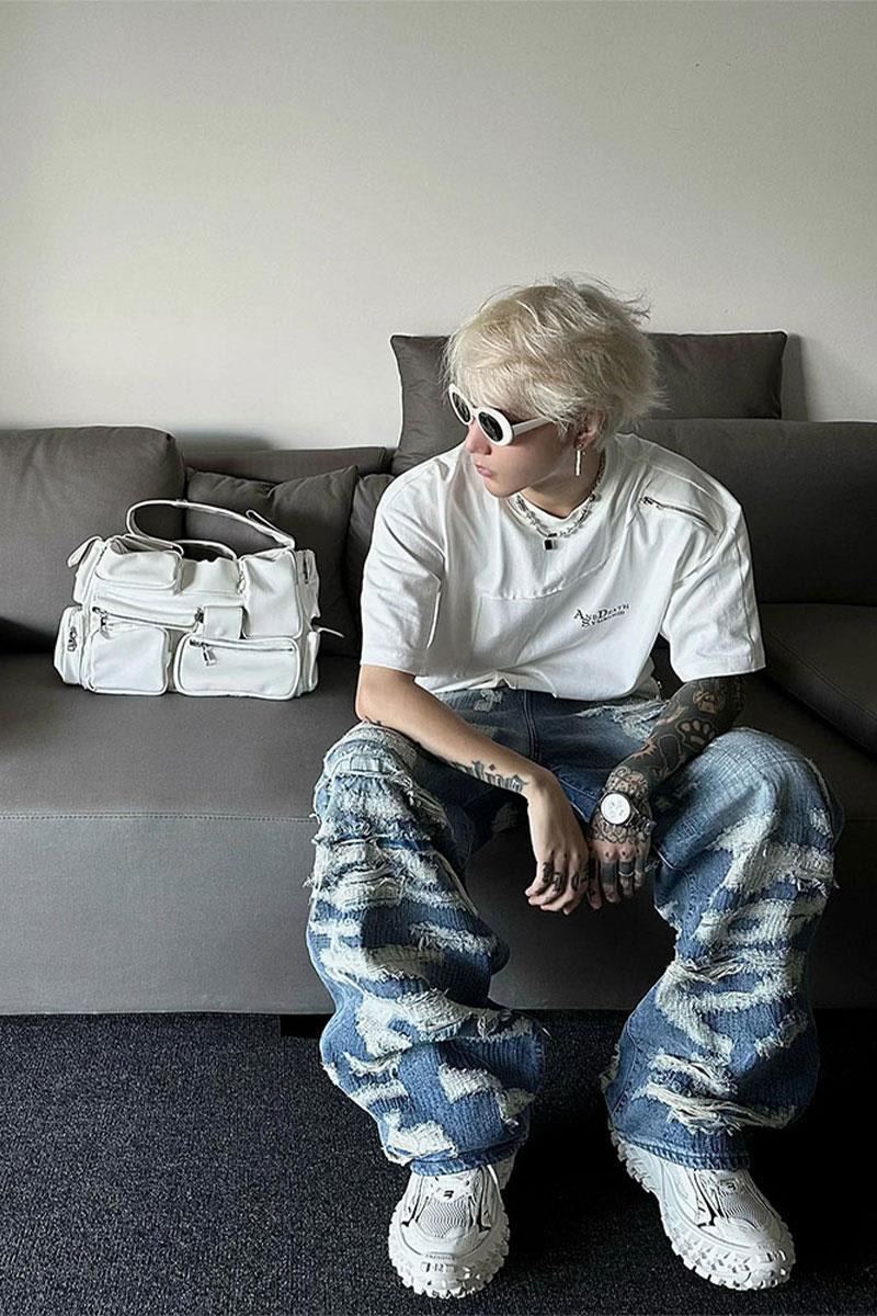 T European And American Fashion Brand Blue With Holes Jeans Men's Autumn Thin American Chic Pants Wide Leg view 10