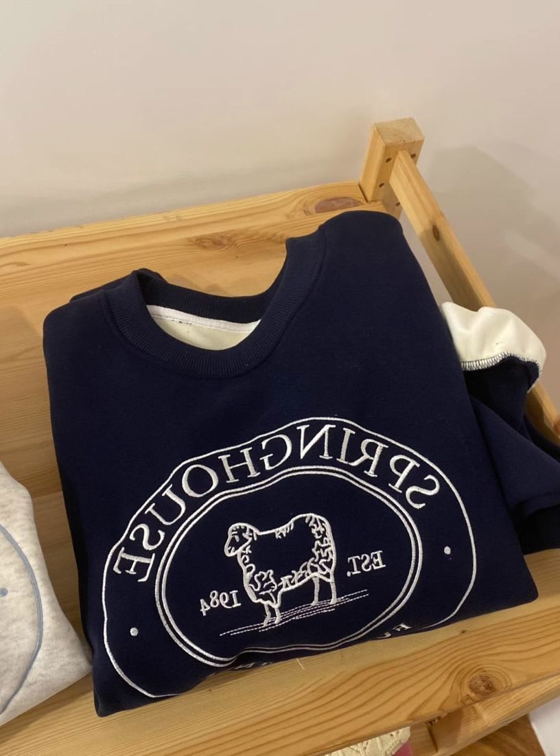 Embroidered Lamb Round Neck Long Sleeve Fleece Pullover view 4