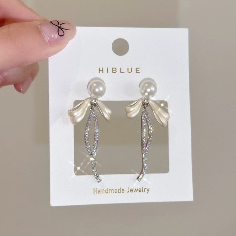 Navy Blue Tassel Long Bow Tie Female Stud Earrings view 2