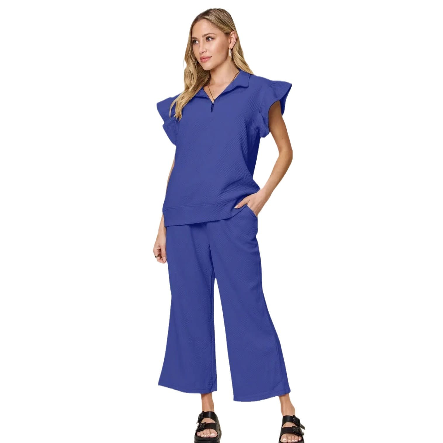 Women's Half Zip Short Sleeve Top Waist Strap Stretch Waist Pocket Shorts view 7