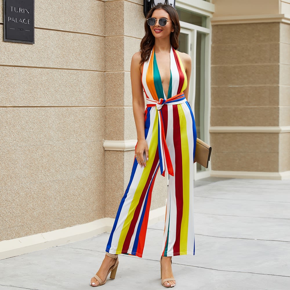 Women's V-neck Colorful Striped Jumpsuit view 7