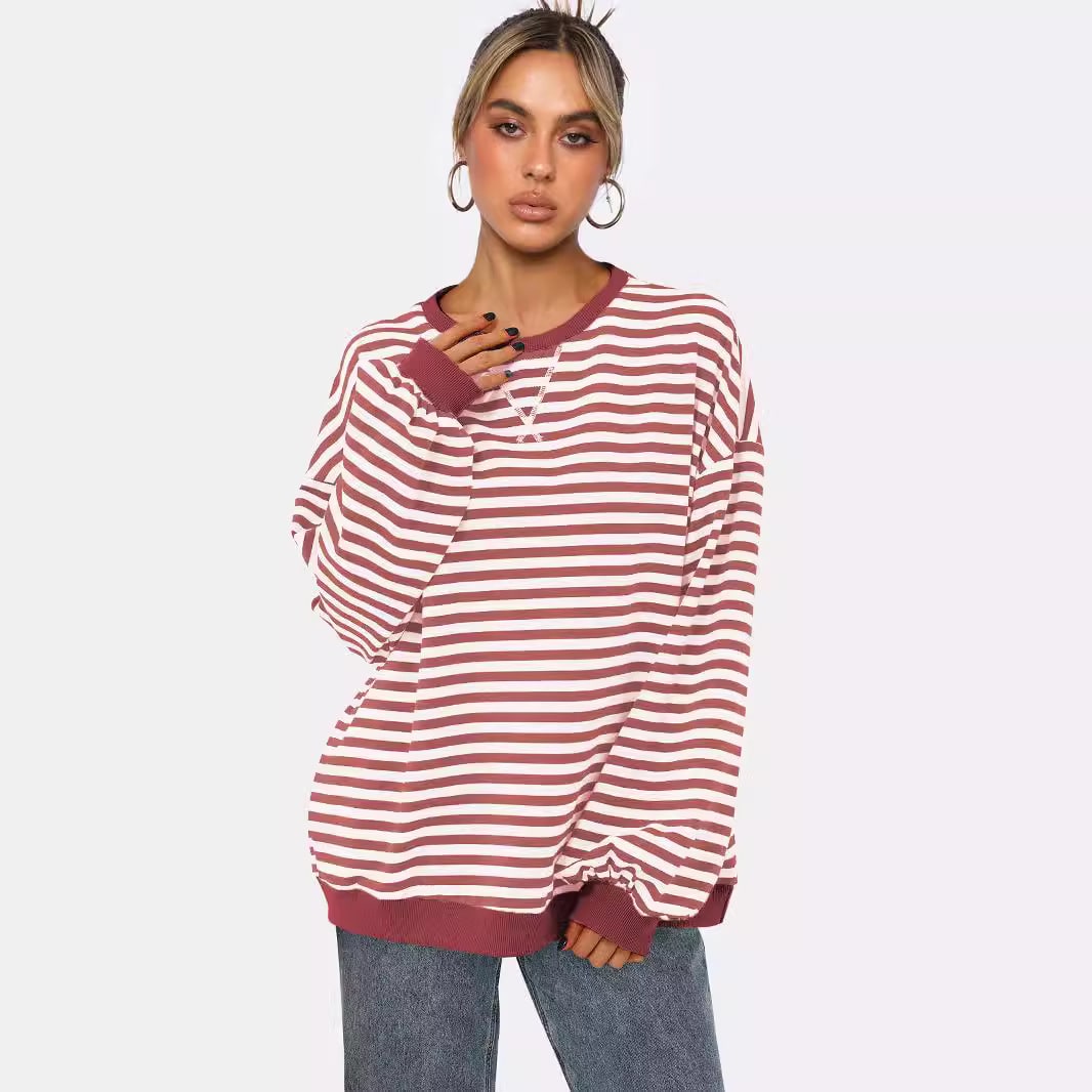 Women's Fashion Round Neck Striped Sweater Loose Bishop Sleeves Top view 8