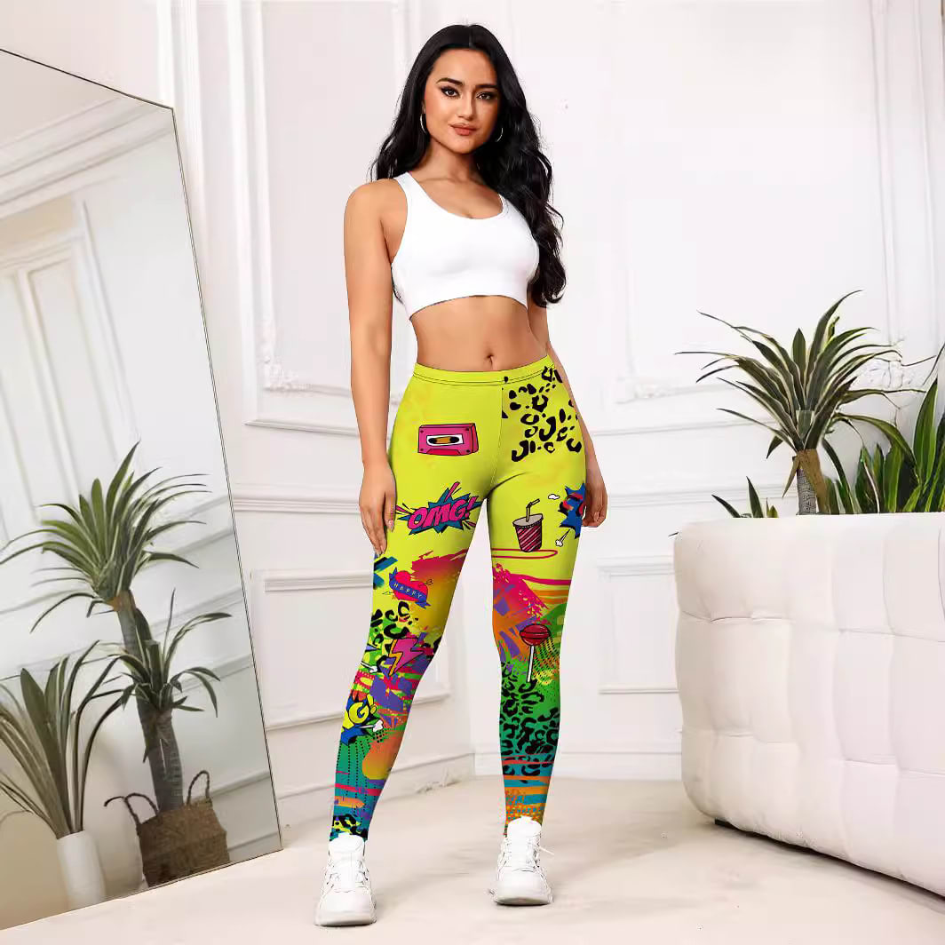 Yellow Cartoon Printed Sports Slim-fitting Leggings view 9