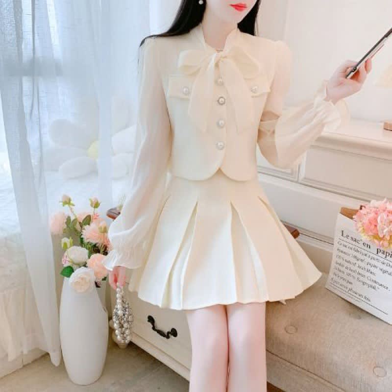 Two-piece Suit Skirt Classic Style Bowknot Shirt High Waist Skirt For Women view 2