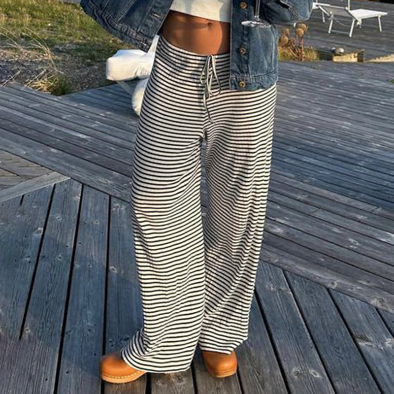 Women's Striped Print Trousers Y2K Fashion Casual Lace Up Home Straight  Wide-leg Pants view 7