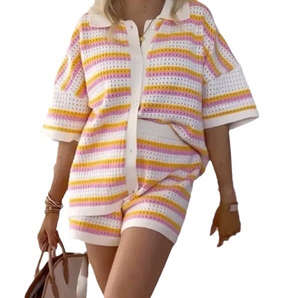 Contrast Color Top Lapel Shirt Striped Shorts Suit view 3