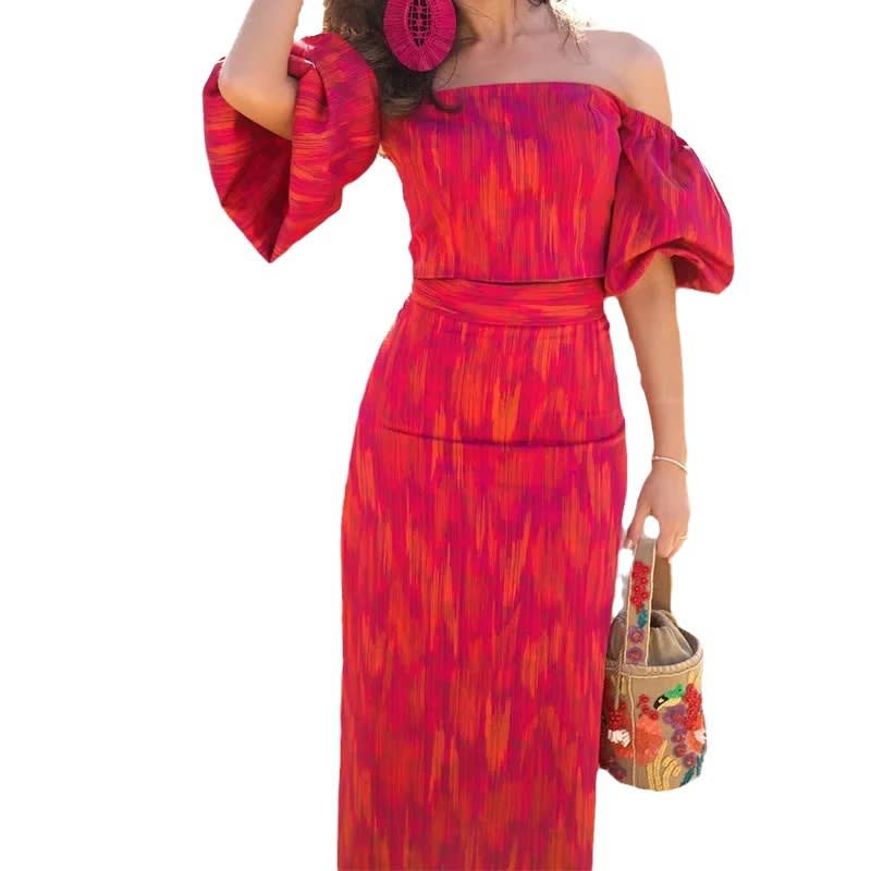 Elegant Bandeau One-shoulder Puff Sleeve Top Mid-length Dress Set Lightly Mature view 2