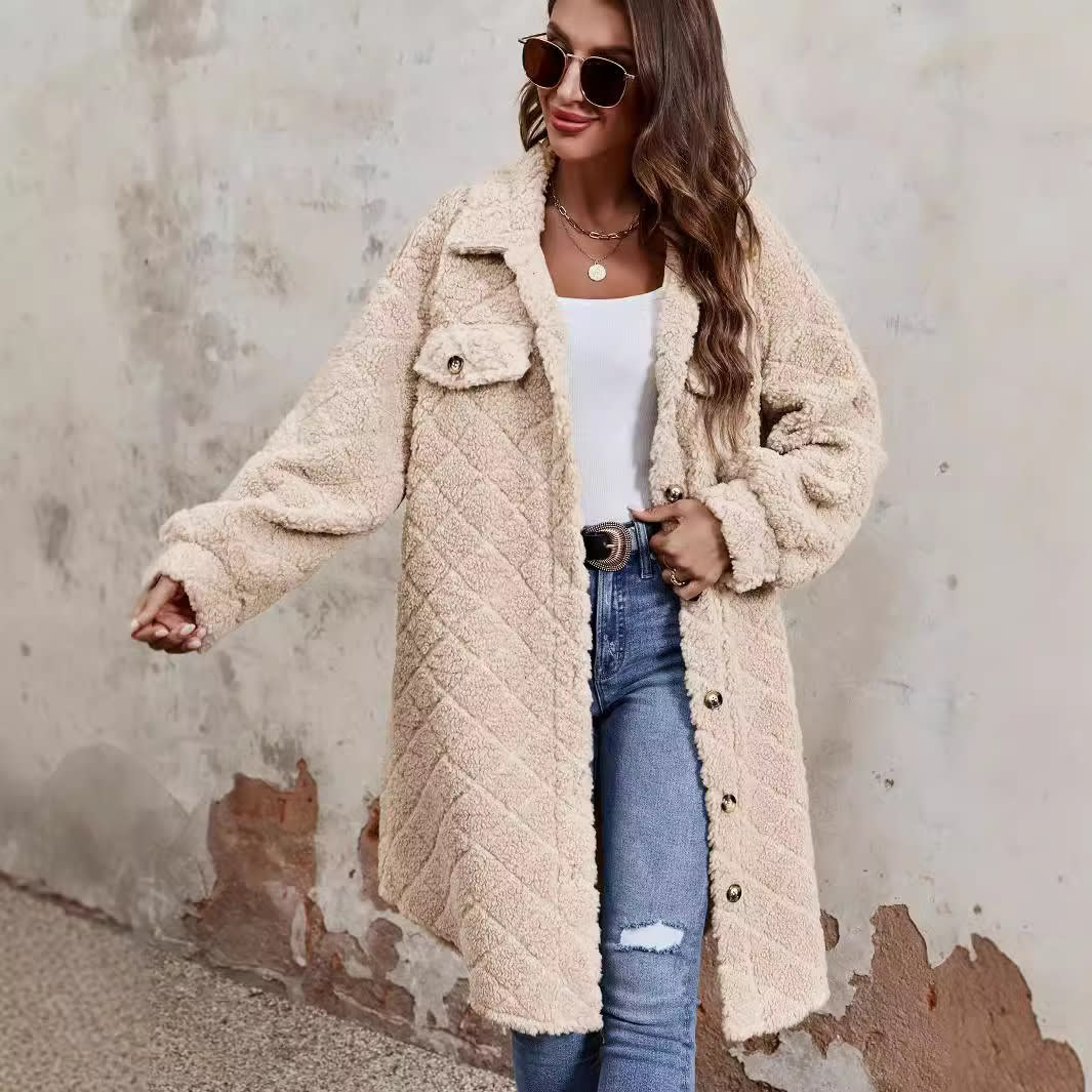 Fashion Pocket Lapels Plush Warm Long Sleeves Coat view 2