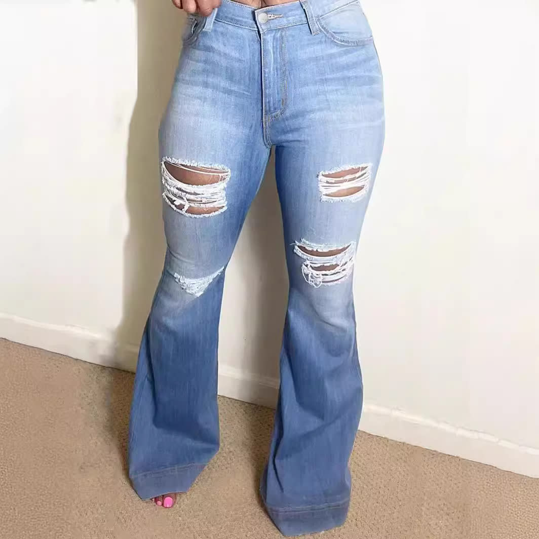 Elastic Light Blue Broken Hole Denim Bell-bottoms view 4