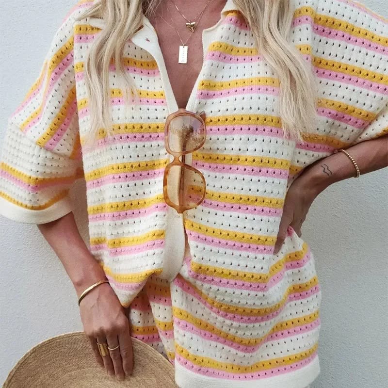 Contrast Color Top Lapel Shirt Striped Shorts Suit view 7