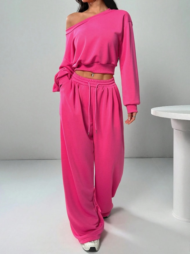 Casual 2-piece Set One-shoulder Long-sleeved Sweatshirt Women's Suit Autumn New Fashion Elastic Waist Tie Loose Sports Trousers view 17