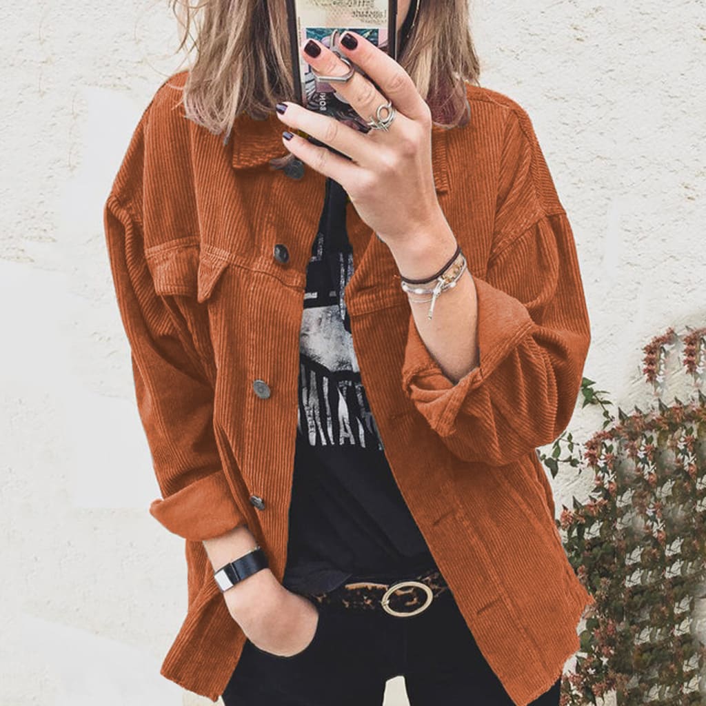 Autumn Corduroy Button Cardigan Long Sleeve Lapel Loose Thick Shirt For Women view 6