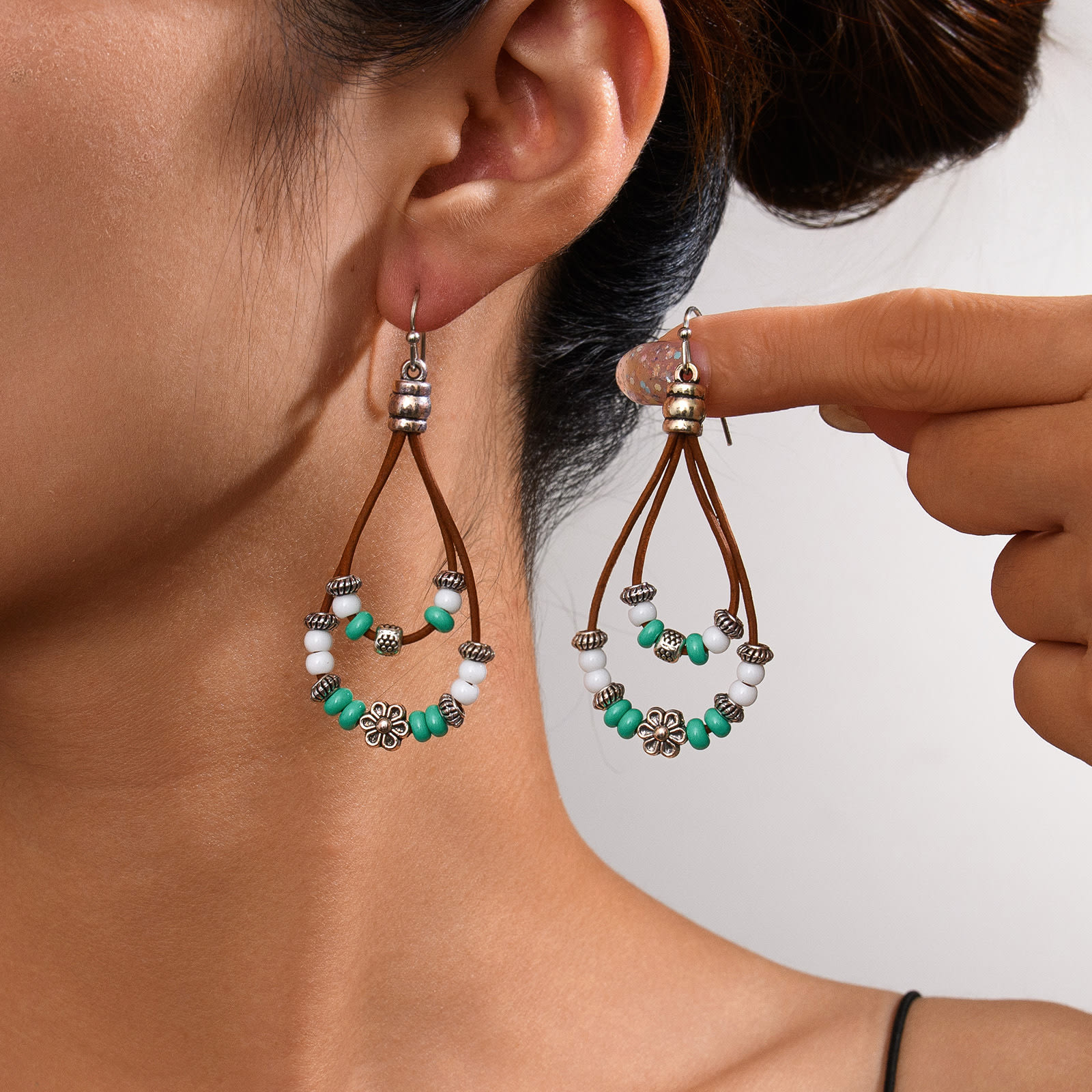 Vintage Earrings Ethnic Style Antique Silver Flower Turquoise Rope Pendant Women's Jewelry view 29