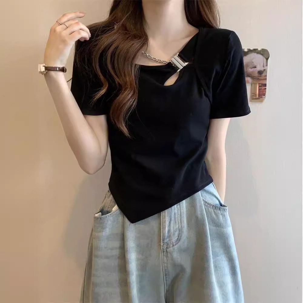 Slim Fit And Thin Cover Belly Hot Girl Irregular Short-sleeved T-shirt For Women view 6