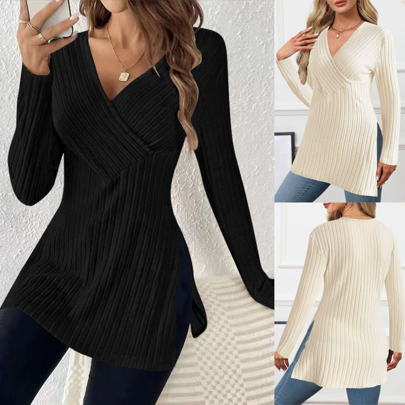 Long Sleeve Solid Color And V-neck Leisure Pajamas Sunken Stripe Top view 7