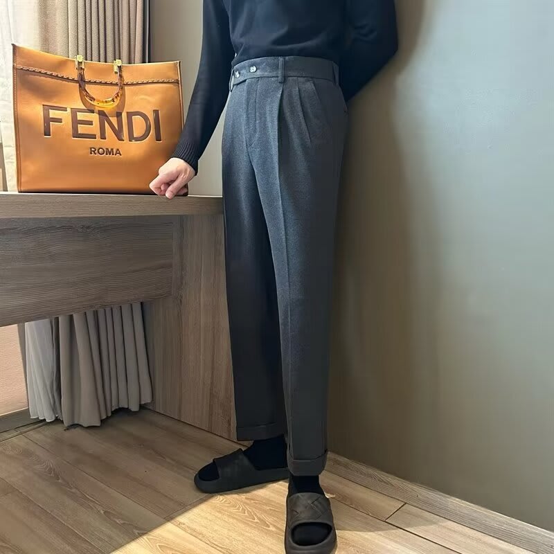Woolen Draping Cropped Straight Casual Suit Pants For Men view 7