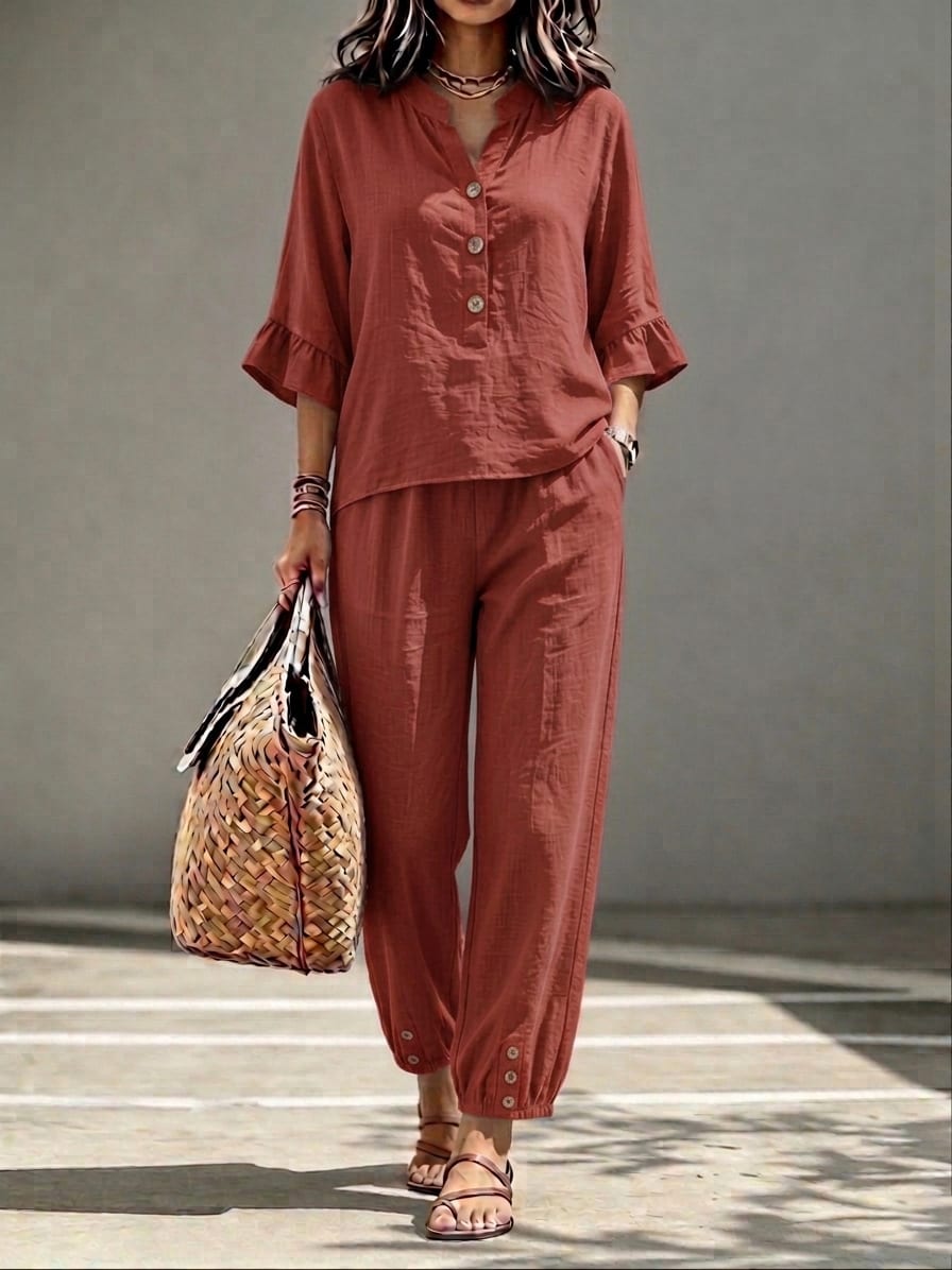 2pcs Set Women's Casual V-neck Collar Button Top Three-quarter-sleeve Top And Cropped Wide Leg Trousers Set Retro Female Office Suit view 4