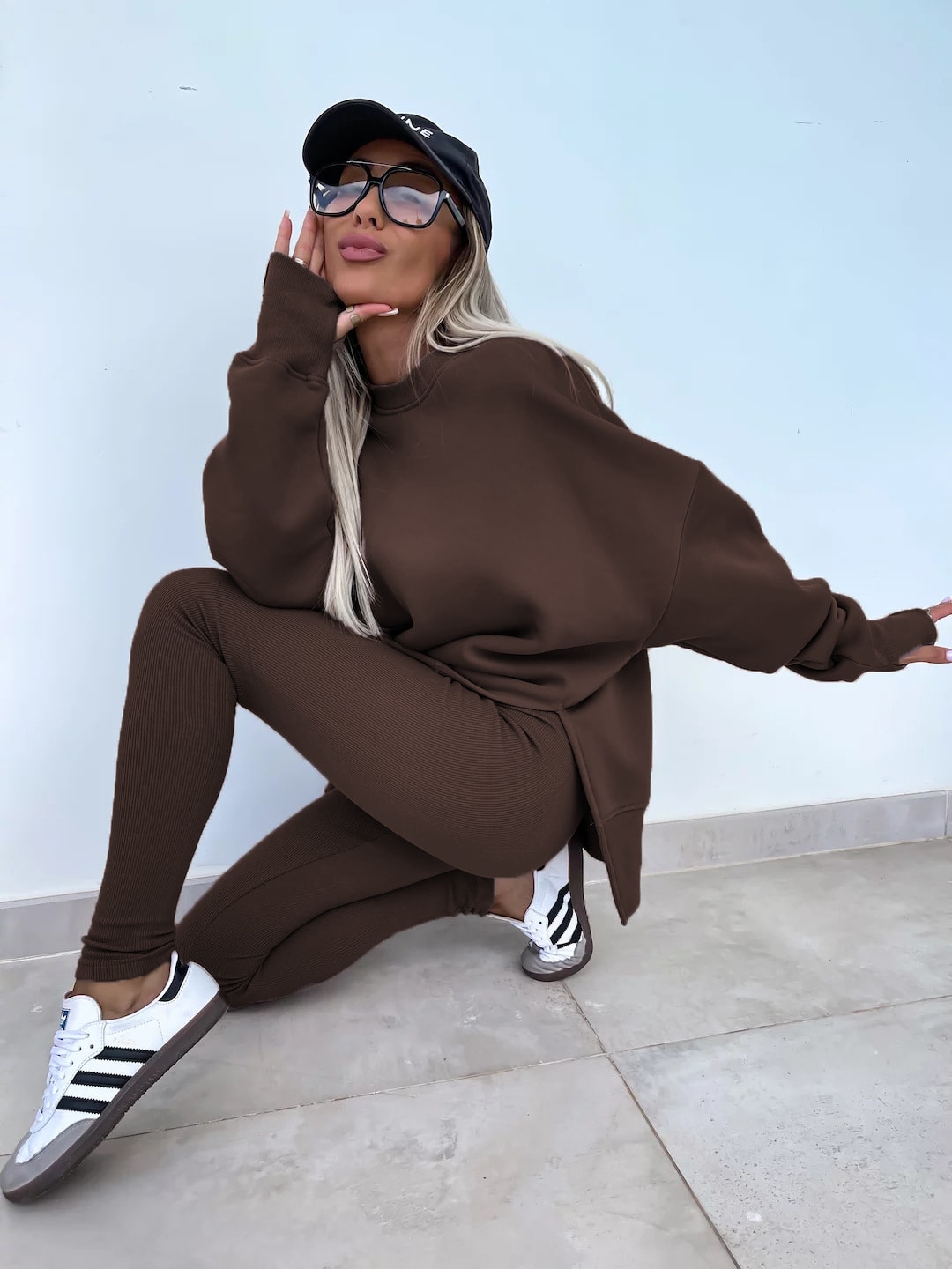 Sweater Suit Women's Casual Loose Long Sleeve Crew Neck Split Top Tight Trousers view 15