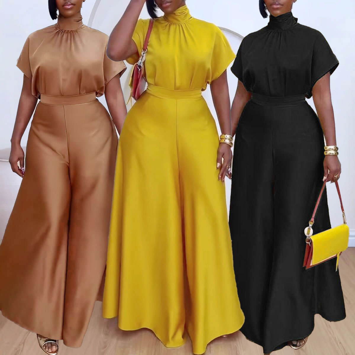 Satin Silky Strap Flounced Sleeve Wide Leg Two-piece Set view 4
