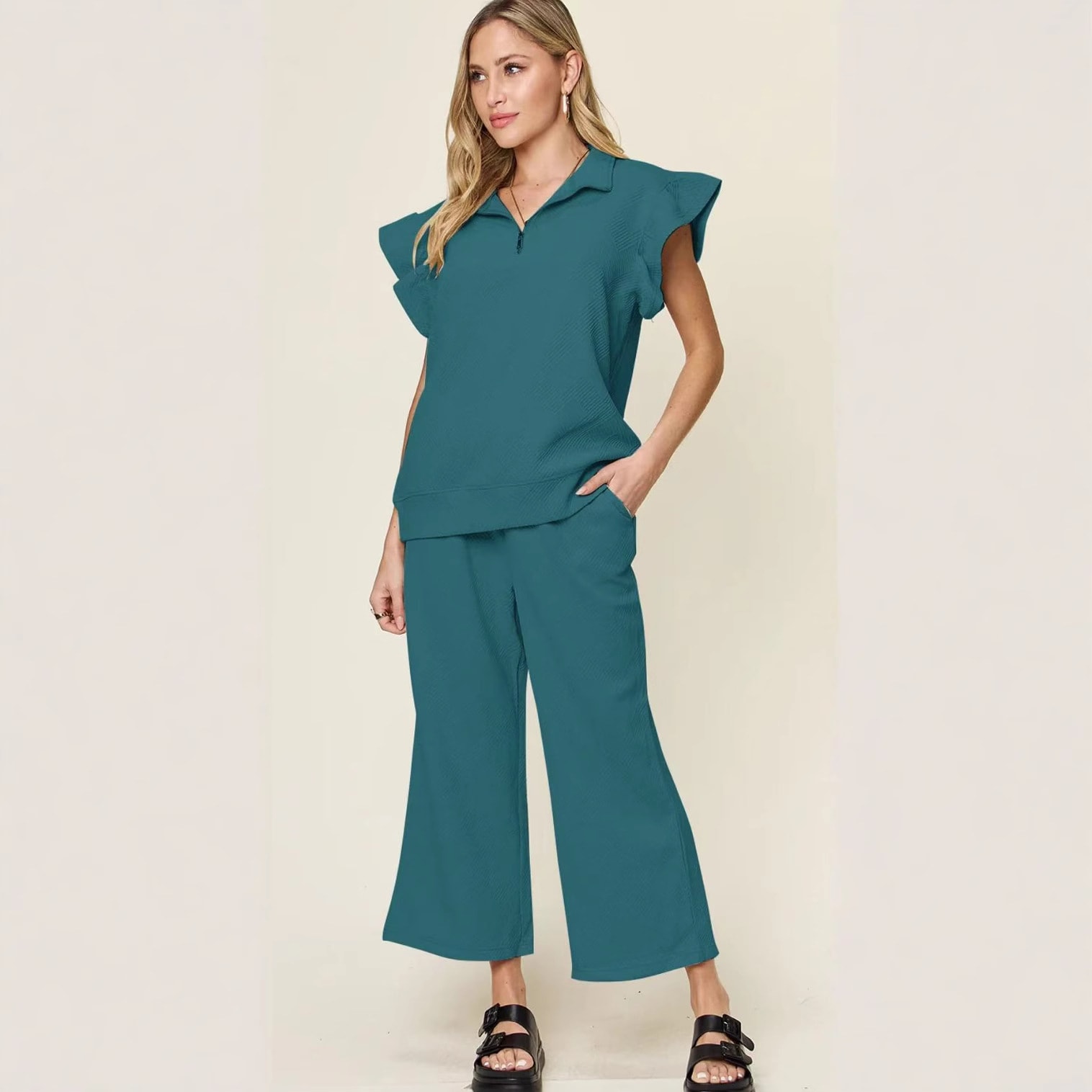 Women's Half Zip Short Sleeve Top Waist Strap Stretch Waist Pocket Shorts view 6