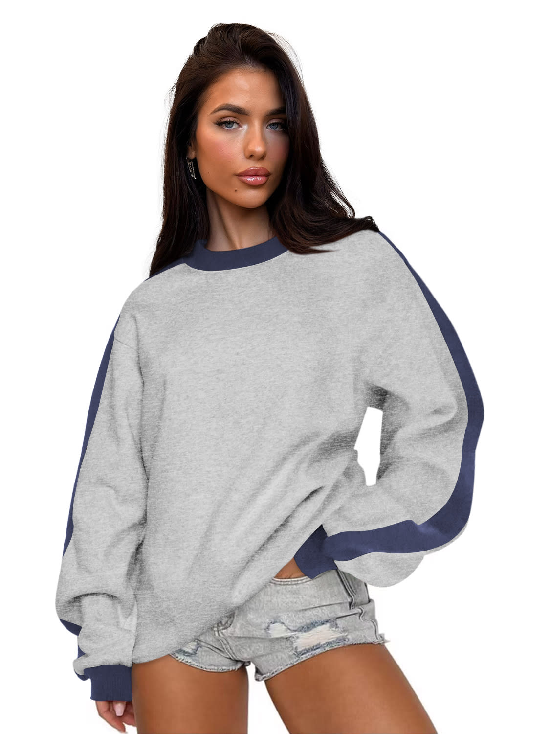 Women's Contrast Color Round Neck Loose Sweater Long-sleeved Top view 7