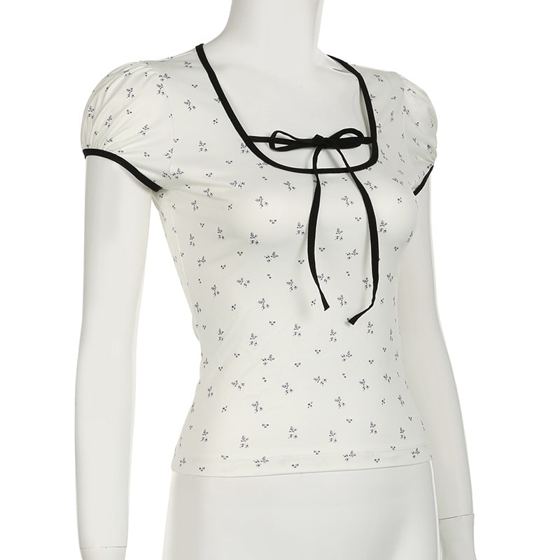 Floral Print Lace-up Hemming Puff Short Sleeve Knitted Top view 17
