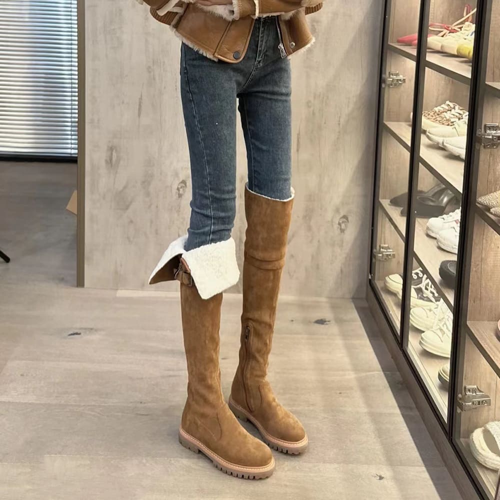 Fleece-lined Warm Brown Flat Over The Knee Tall Knight Boots view 4