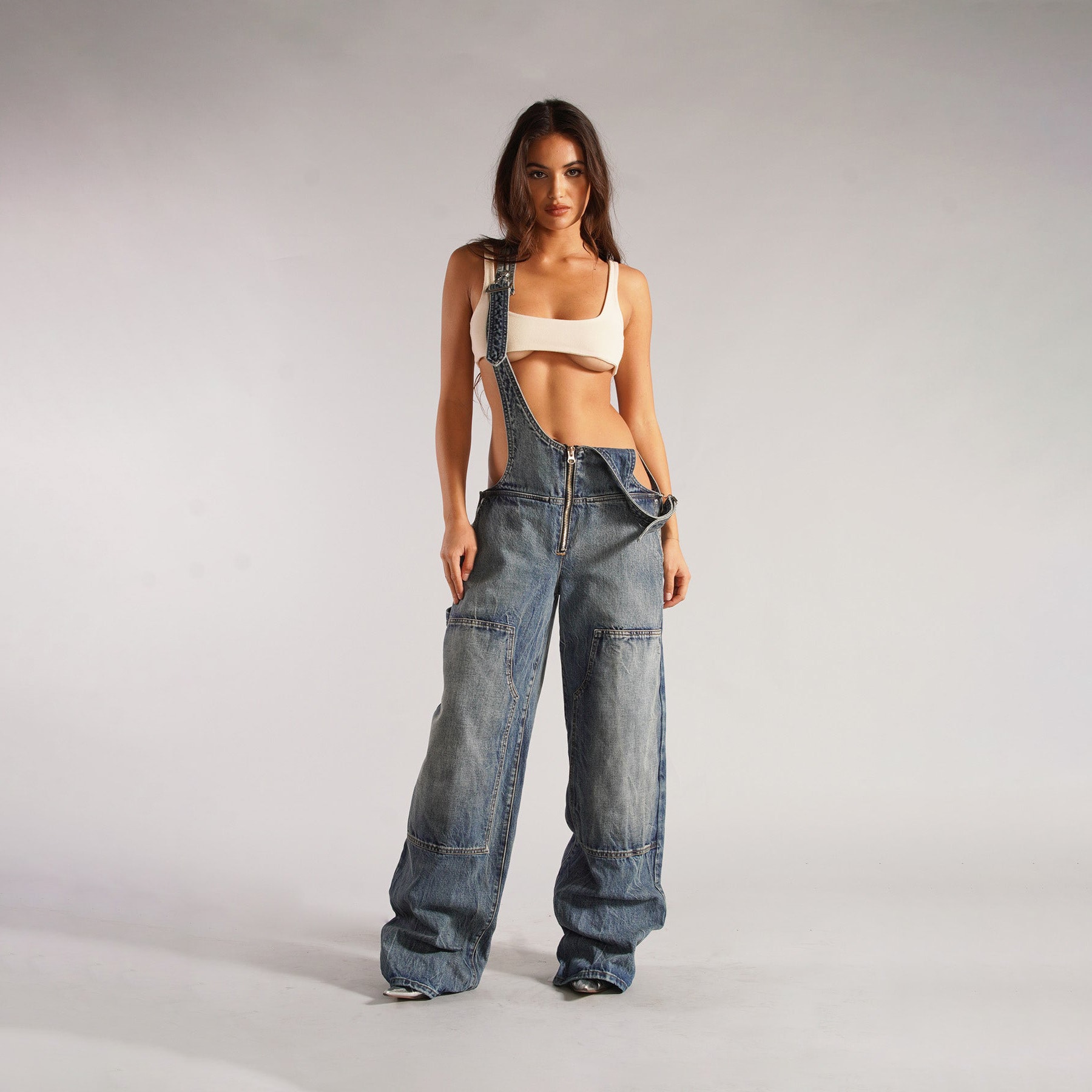 Y2K Zipper Denim Overalls With Pockets Fashion Loose Suspender Jumpsuit Streetwear Jeans Pants Womens Clothing view 6