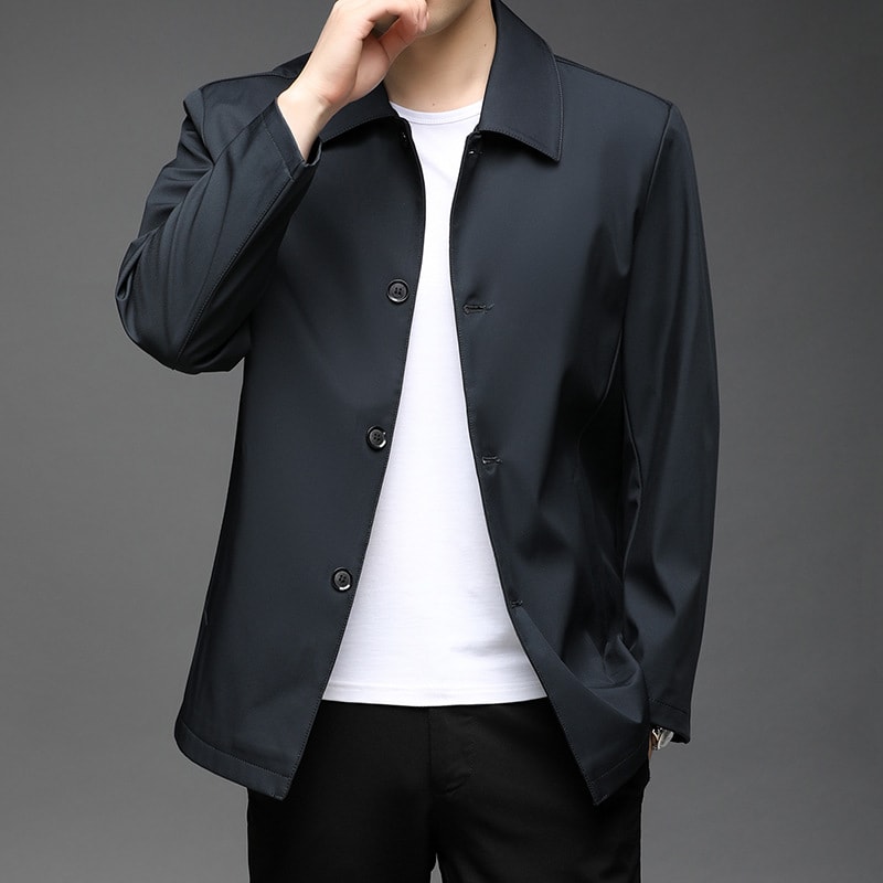 Fall Winter Men Polo Collar Solid Color Business Jacket Short Button Lightweight Coat view 2