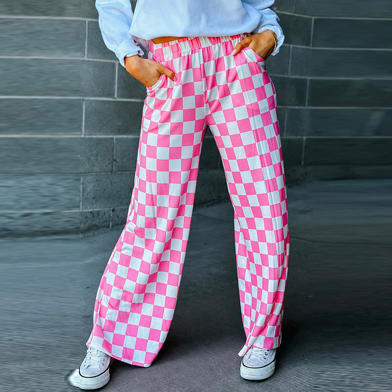 Spring New Chessboard Plaid Printed Casual All-match Loose Wide-leg Pants view 4