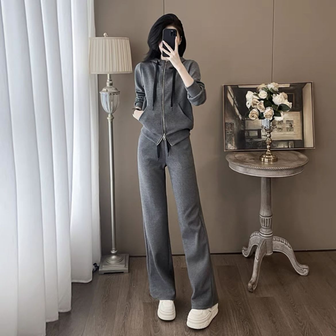 Gray Fashion Hooded Sweatshirt Pants Slimming Two-piece Suit